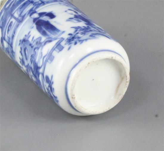 A Chinese blue and white snuff bottle and stopper, 19th century, 8cm including stopper, fault to foot